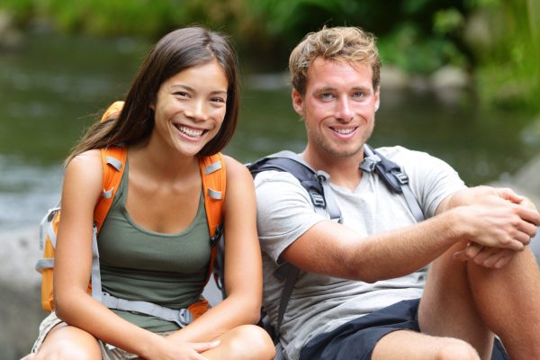 People,Hiking,-,Resting,Hikers,Portrait,At,River.,Portrait,Of